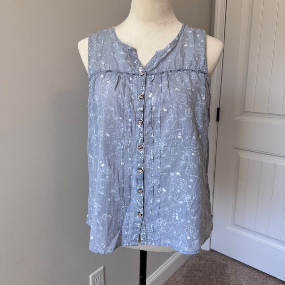 Mantaray Debenhams Blue Fruit Print 100‎ Cotton Pintuck Blouse Top Size 12
